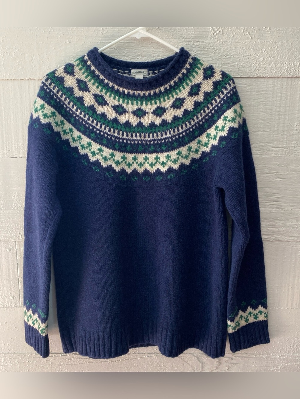 LL Bean Sweater Womens Large Navy 100% Lambswool Fair Isle Nordic Preppy Ski